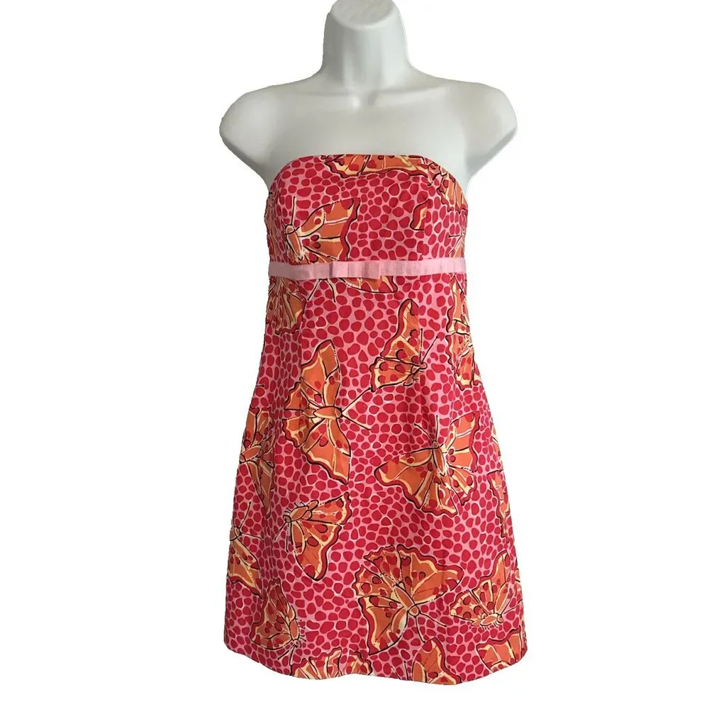 Lilly Pulitzer Strapless Dress Womens Sz 0 Y2K Mod Pink Orange Butterfly Print - Picture 2 of 14